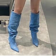 thumbnail image 1 of Women Washed Denim Boots Pointed Toe Slip On Slouch Boots Stiletto Heel Knee High Boots, 1 of 9