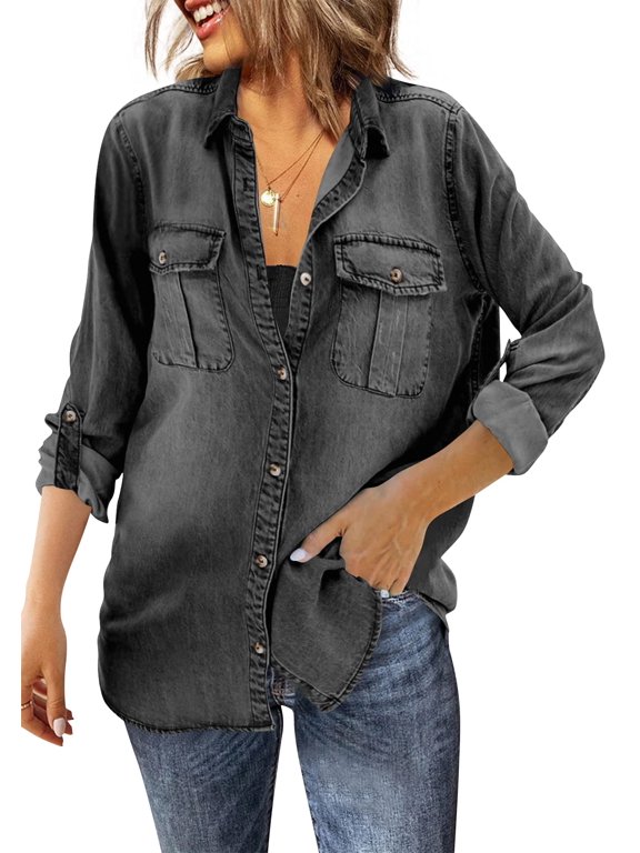 Women Washed Denim Shirt Jacket, Long Sleeve Button Down Casual Chambray Shacket with Chest Pockets