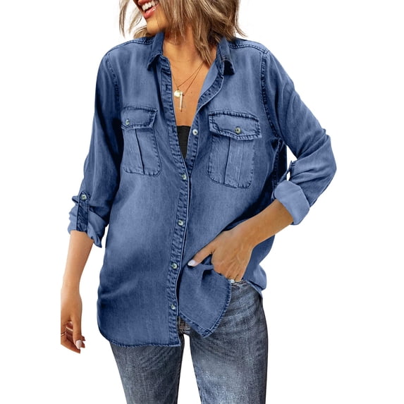 Women Washed Denim Shirt Jacket, Long Sleeve Button Down Casual Chambray Shacket with Chest Pockets