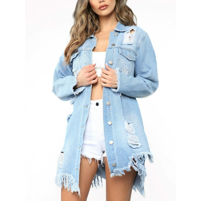 Women Washed Distressed Boyfriend Long Jean Denim Jacket Denim