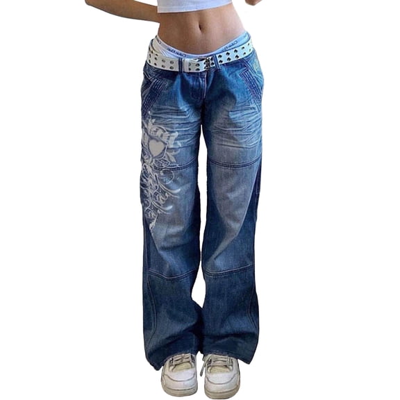 EMMIOL Women's Low Rise Cargo Jeans - Y2K Wide-Leg Baggy Denim Pants with Heart Pattern