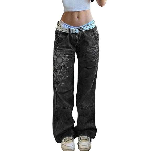 EMMIOL Women's Low Rise Cargo Jeans - Y2K Wide-Leg Baggy Denim Pants with Heart Pattern