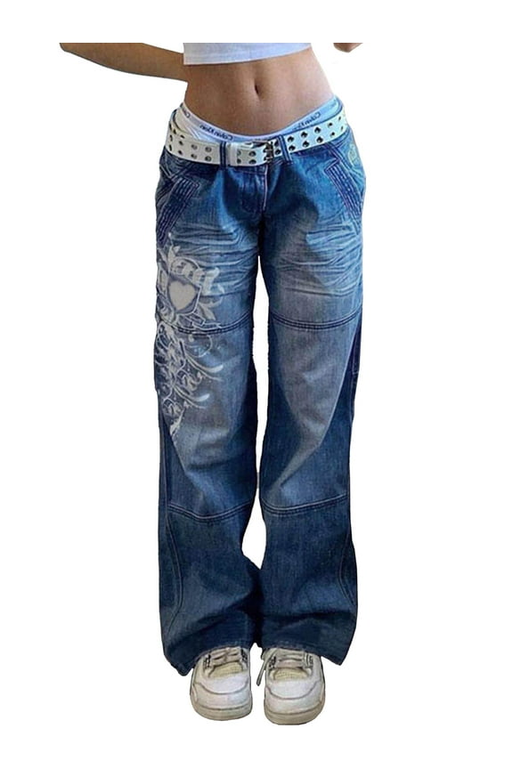 Women's Low Rise Cargo Jeans - Y2K Wide-Leg Baggy Denim Pants with Heart Pattern