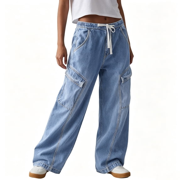 Women Washed Wide Leg Denim Pants, Casual Loose Fit Long Jeans with Side Pockets Blue-C XL(XL)