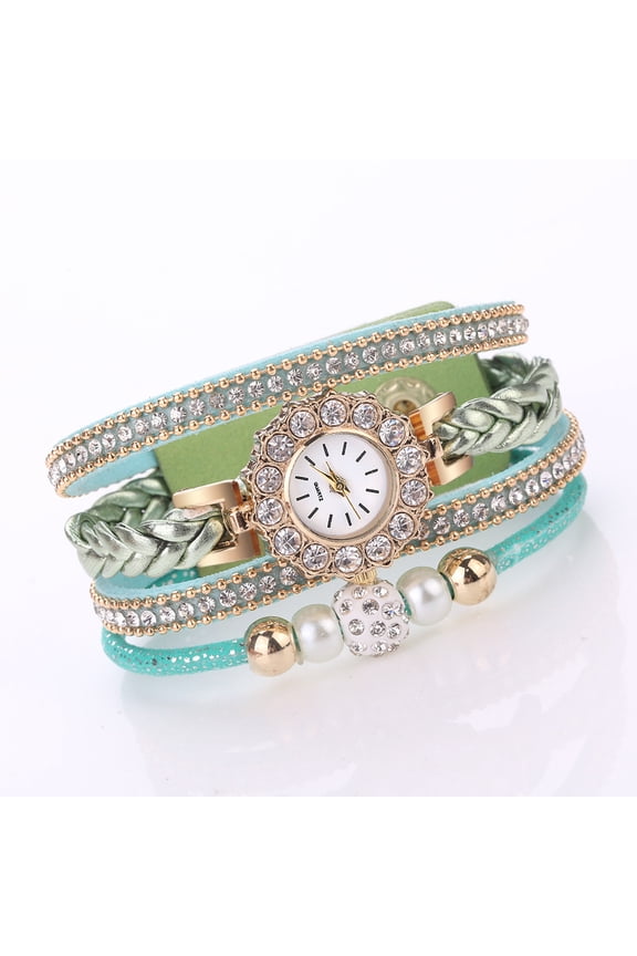 Women Watches, Vintage Bohemia Multi-Layer Weave Wrap Leather Wristwatch Analog Quartz Bracelet Watch Green