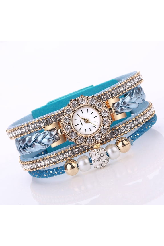 Women Watches, Vintage Bohemia Multi-Layer Weave Wrap Leather Wristwatch Analog Quartz Bracelet Watch Sky Blue