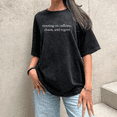 thumbnail image 1 of Women Water Washed "Coffee" letter graphic text printed T-shirt top round neck short-sleeved breathable Black S-2XL Plus Size, 1 of 5
