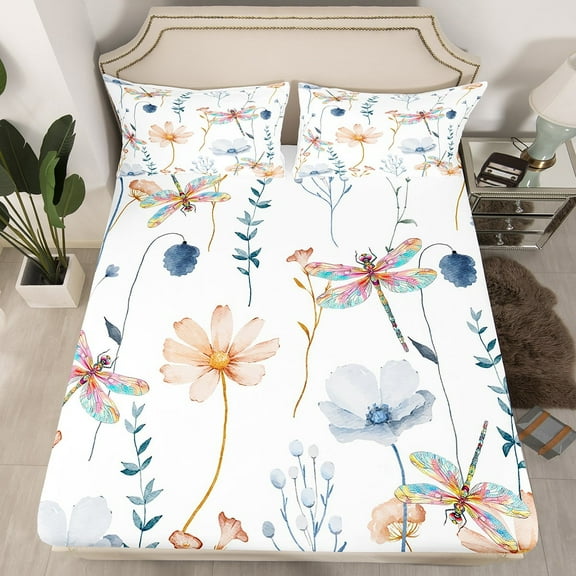 Women Watercolor Floral Fitted Sheet Twin Size, Blue Beige Dragonfly Bedding Set Teens Adult, Minimalist White Bed Sheets Flower Branches Pastoral Sheets With 1 Pillow Case(No Top Sheet)