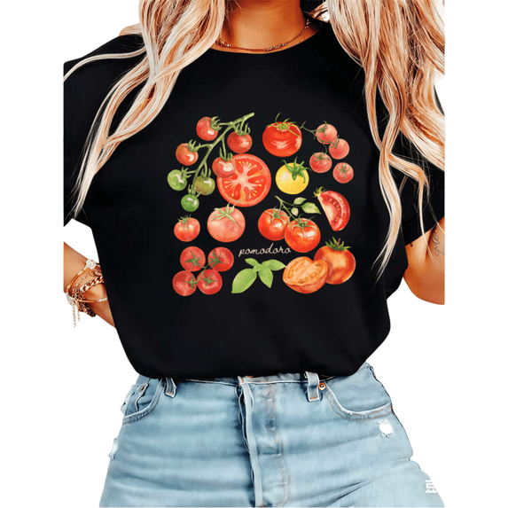 Women Watercolor Pomodoro Tomato Graphic Tees T-Shirt Tops Round Neck Cotton T-Shirt Black S-5XL