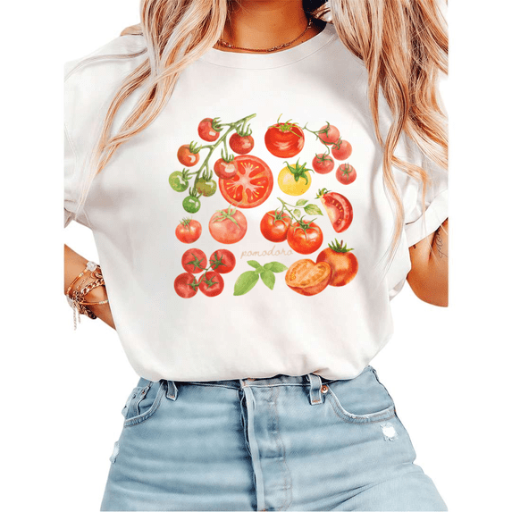 Women Watercolor Pomodoro Tomato Graphic Tees T-Shirt Tops Round Neck Cotton T-Shirt White S-5XL