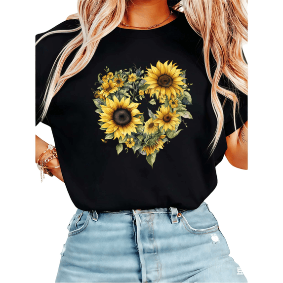 Women Watercolor Sunflower Heart Bouquet Graphic Tees T Shirt Tops Round neck Printed Cotton T Shirt Black S-5XL