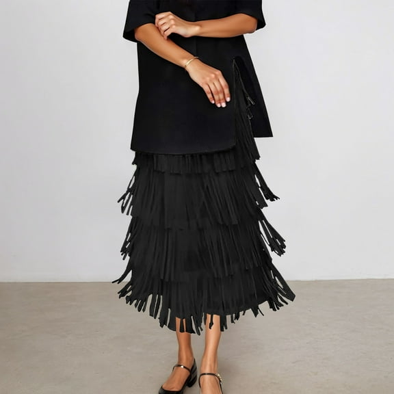 Women Waterfall Tiered Boho Layered Maxi Skirt (Black One Size)