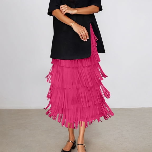 Women Waterfall Tiered Boho Layered Maxi Skirt (Hot Pink One Size)
