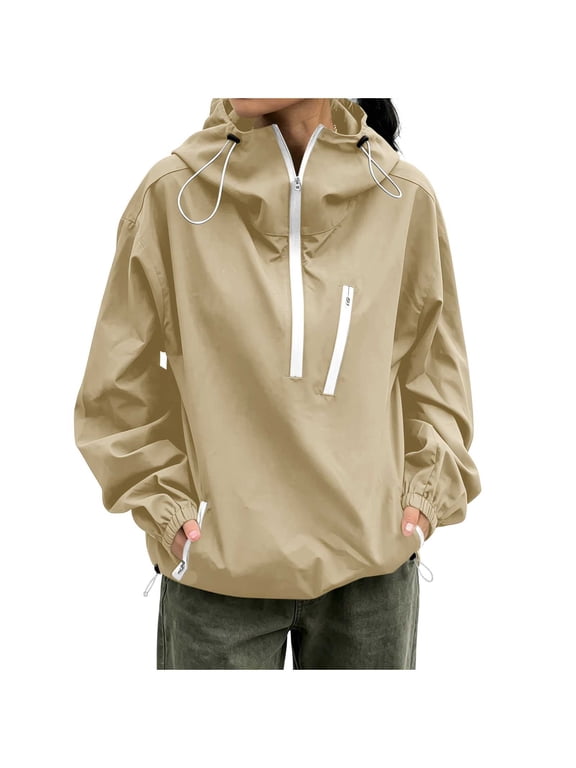 Women Waterproof Hooded Windbreaker, Quarter Zip-Up Long Sleeve Pullover Jacket, Ladies Fall Casual Fashion Rain Top With Pocket