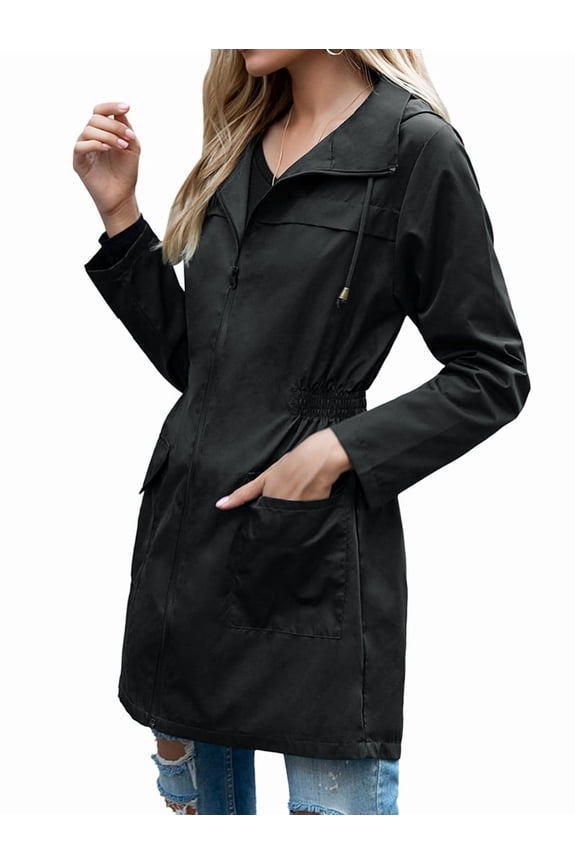 Women Waterproof Light-Weight Rain Jacket Active Outdoor Hooded Long Sleeves Raincoat with Zipper Black L