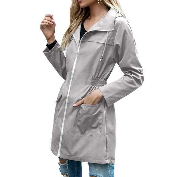 Women Waterproof Light-Weight Rain Jacket Active Outdoor Hooded Long Sleeves Raincoat with Zipper Grey S