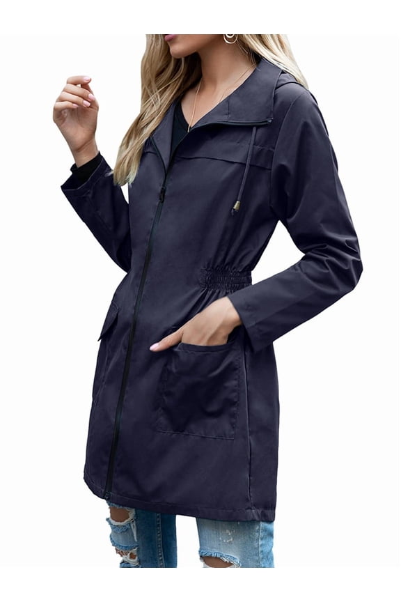 Women Waterproof Light-Weight Rain Jacket Active Outdoor Hooded Long Sleeves Raincoat with Zipper Navy Blue M