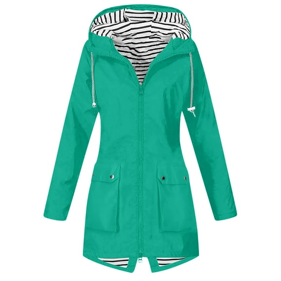 Women Waterproof Lightweight Rain Jacket, Active Outdoor Hooded Long Raincoat Windbreaker Travel Coats with Pockets Thin Zip up Hoodies for Women Green M