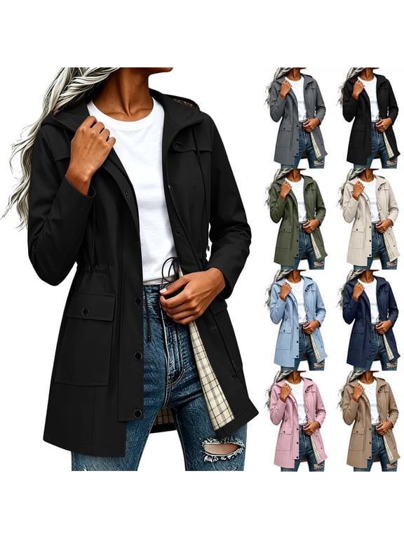 Women Waterproof Lightweight Rain Jacket Solid Color Mid Length Waterproof Hooded Rain Jacket Lightweight Plaid Lined Windbreaker With Drawstring Waist Top