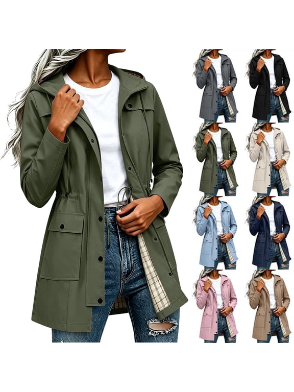 Women Waterproof Lightweight Rain Jacket Solid Color Mid Length Waterproof Hooded Rain Jacket Lightweight Plaid Lined Windbreaker With Drawstring Waist Top