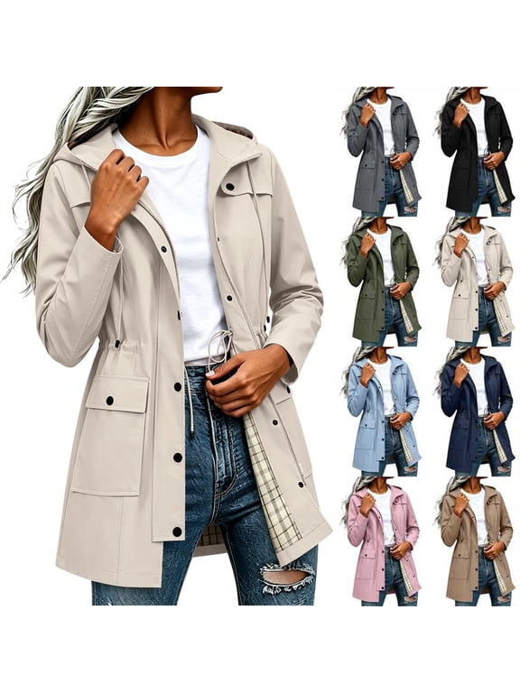 Women Waterproof Lightweight Rain Jacket Solid Color Mid Length Waterproof Hooded Rain Jacket Lightweight Plaid Lined Windbreaker With Drawstring Waist Top