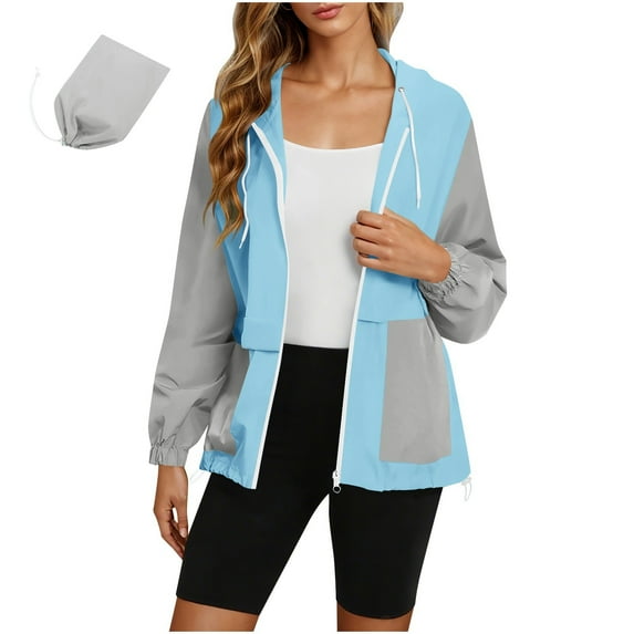 Women Waterproof Lightweight Rain Jackets Active Outdoor Hooded Raincoat Drawstring Color Block Zip Windbreaker S-2XL