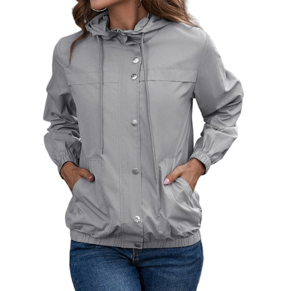 Women Waterproof Long Hooded Rain Jacket Trench Coats Windbreaker Travel Jacket Light Gray L