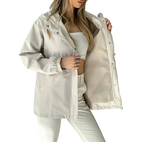 Women Waterproof Long Hooded Zip-Up Long Sleeves Rain Jacket Trench Coats Windbreaker Travel Jacket Apricot XXL