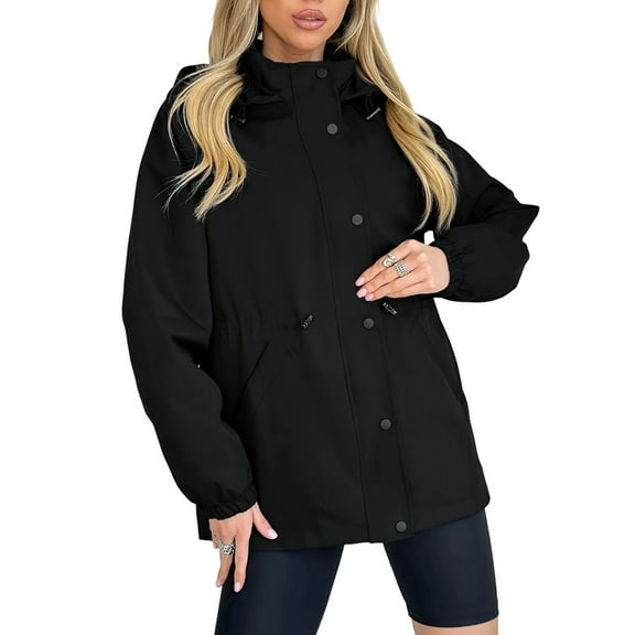 Women Waterproof Long Hooded Zip-Up Long Sleeves Rain Jacket Trench Coats Windbreaker Travel Jacket Black XL
