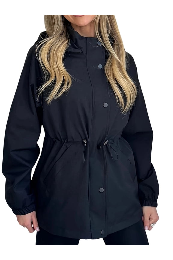Women Waterproof Long Hooded Zip-Up Long Sleeves Rain Jacket Trench Coats Windbreaker Travel Jacket Navy Blue XL