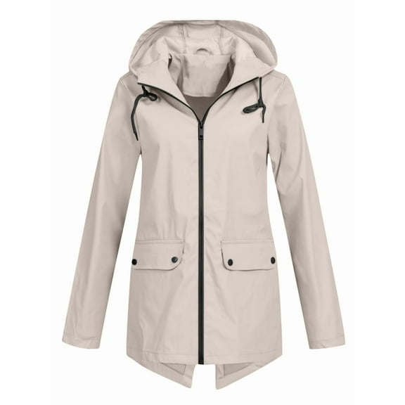 Women Waterproof Long Sleeves Zipper Hooded Long Light Raincoats Travel Hooded Trench Coats Apricot XXL