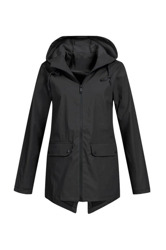 Women Waterproof Long Sleeves Zipper Hooded Long Light Raincoats Travel Hooded Trench Coats Black XXL