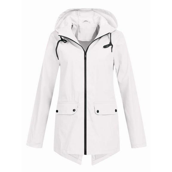 Women Waterproof Long Sleeves Zipper Hooded Long Light Raincoats Travel Hooded Trench Coats White XL