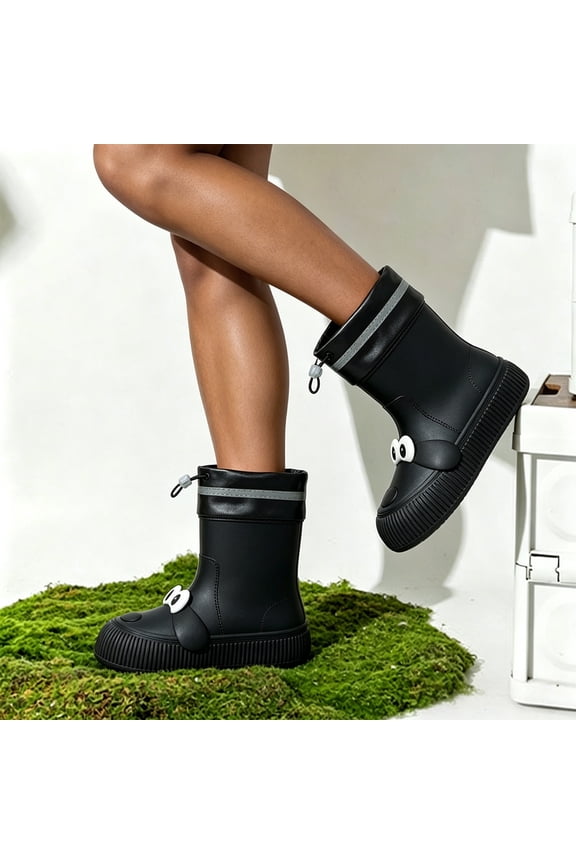 Women Waterproof Mid Calf Rain Boots, Waterproof Non Slip Rubber Slip On Footwear For Outdoor Rainy Daily Activities Black 2-2.5
