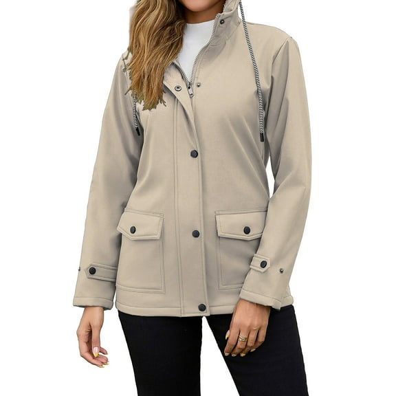 Women Waterproof Rain Jacket, Hooded Windbreaker Trench Coat for Hiking Travel Outdoor Apricot XL