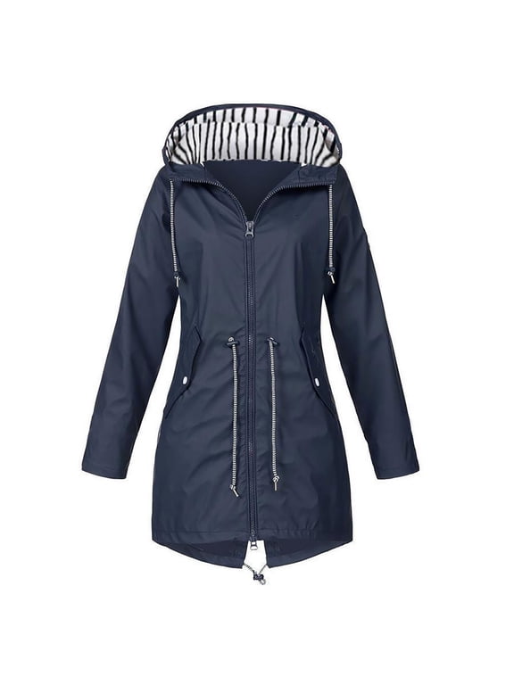 Women Waterproof Rain Jacket with Hood Lightweight Drawstring Active Outdoor Hooded Tunic Raincoat Mid Length Coat (Large, Navy)