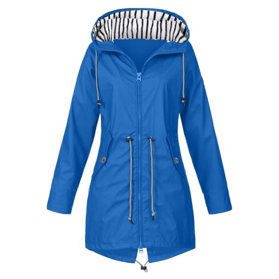 Women Waterproof Rain Jacket with Hood Lightweight Drawstring Active Outdoor Hooded Tunic Raincoat Mid Length Coat (Small, Blue)