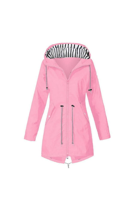 Women Waterproof Rain Jacket with Hood Lightweight Drawstring Active Outdoor Hooded Tunic Raincoat Mid Length Coat (XL, Pink)