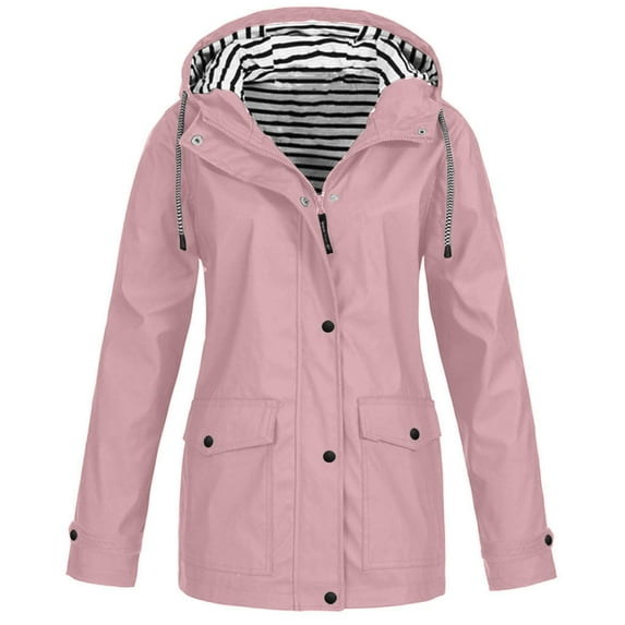 Women Solid Color Hooded Jacket Coat Waterproof Zip Up Raincoat with Pockets Windproof Outdoor Coat Plus Size Slim Fit Outwear