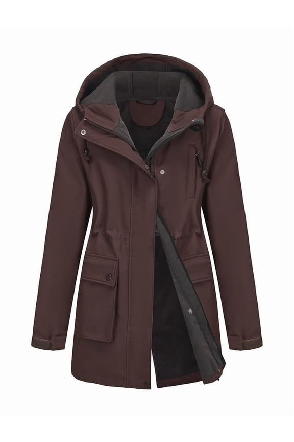 Women Waterproof Softshell Jackets Warm Fleece Lined Coats with Hood Long Rain Jacket Coffee Color XL