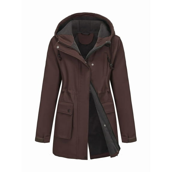 Women Waterproof Softshell Jackets Warm Fleece Lined Coats with Hood Long Rain Jacket Coffee Color XXL