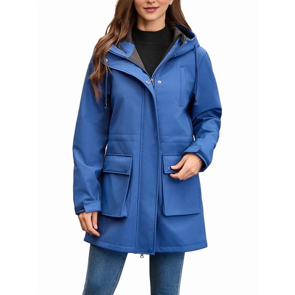 Women Waterproof Softshell Jackets Warm Fleece Lined Coats with Hood Long Rain Jacket Navy Blue L