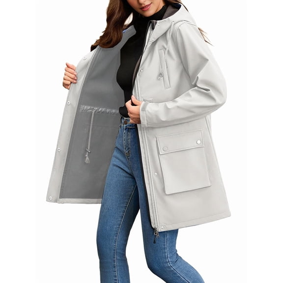 Women Waterproof Softshell Jackets Warm Fleece Lined Coats with Hood Long Rain Jacket White Gray XXL