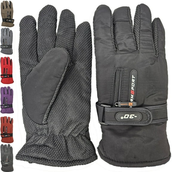 Women Waterproof Winter Ski Gloves w/ Zipper Pocket, Adjustable Strap, Thermal Lining, Black