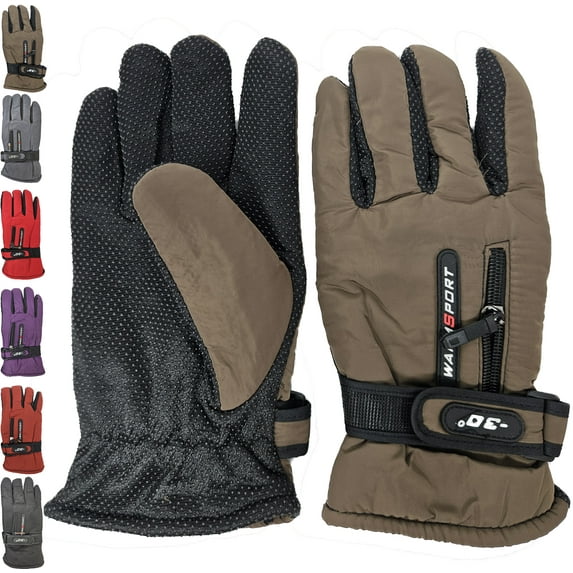 Women Waterproof Winter Ski Gloves w/ Zipper Pocket, Adjustable Strap, Thermal Lining, Brown