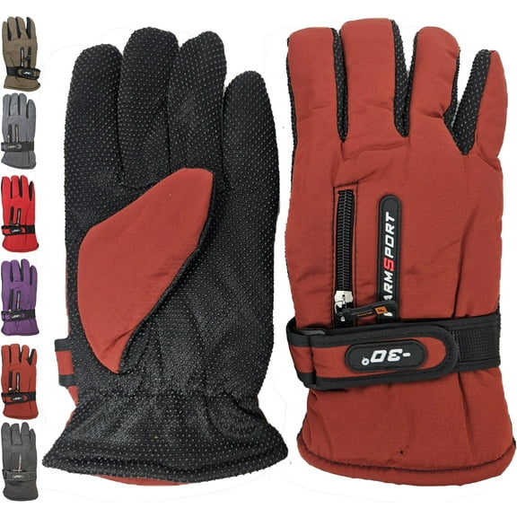 Women Waterproof Winter Ski Gloves w/ Zipper Pocket, Adjustable Strap, Thermal Lining, Dark Red