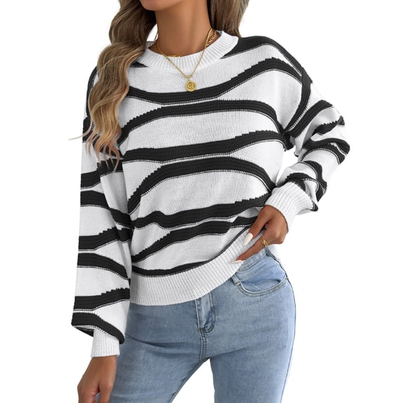 Women Wavy Contrast Stripe Crew Neck Lantern Long Sleeve Relaxed Loose Knit Pullover Sweater Black S