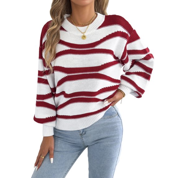 Women Wavy Contrast Stripe Crew Neck Lantern Long Sleeve Relaxed Loose Knit Pullover Sweater Wine Red S