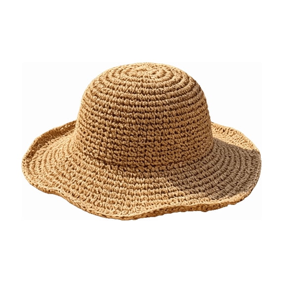 Women Wavy Ruffle Wide Brim Crochet Straw Sun Hat UPF 50+ UV Protection Packable Foldable Breathable Beach Travel Bucket Hat Khaki