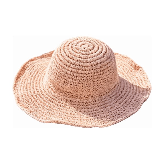 Women Wavy Ruffle Wide Brim Crochet Straw Sun Hat UPF 50+ UV Protection Packable Foldable Breathable Beach Travel Bucket Hat Pink